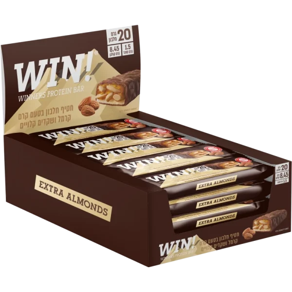 מארז חטיפי חלבון WIN בטעם שקדים עם 20 גרם חלבון היחיד עם קולגן