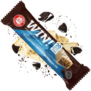 חטיף חלבון WIN בתוספת שברי עוגיות ובציפוי שוקולד לבן